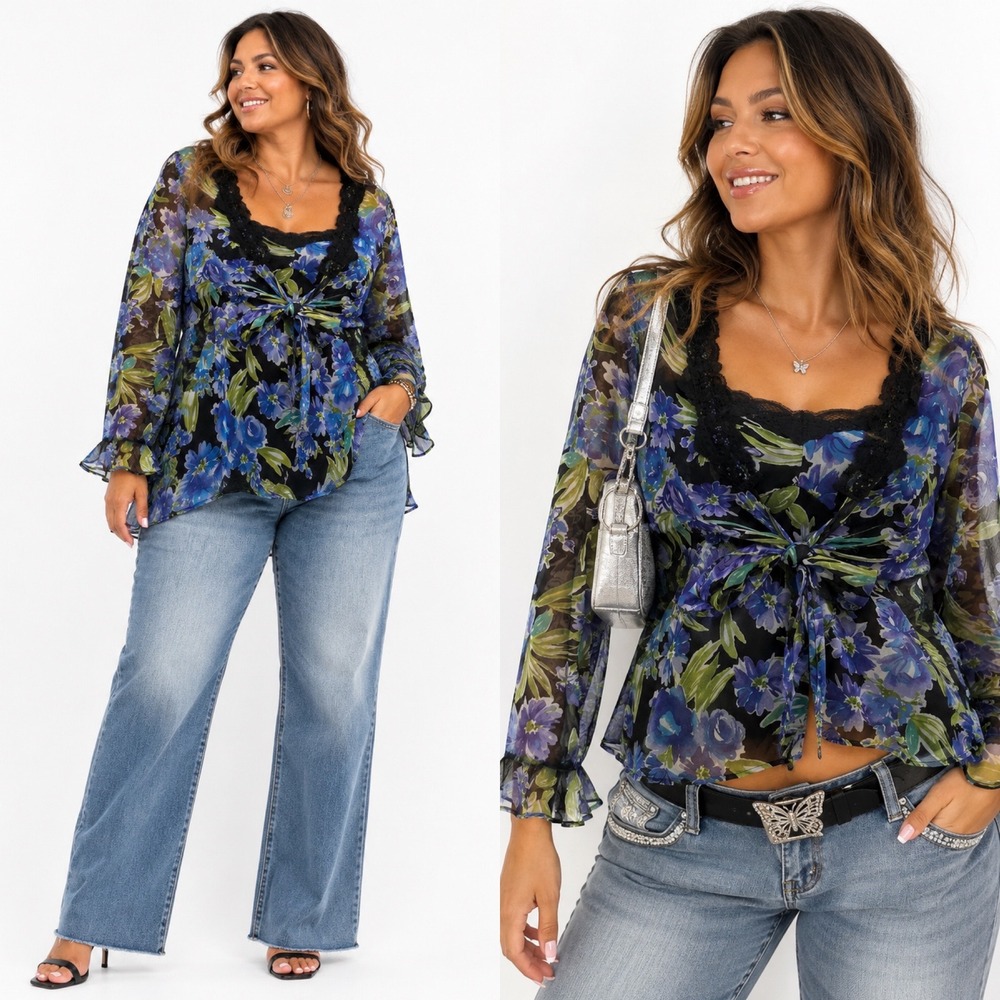 Y2K Floral Chiffon Tie-Front Blouse & Camisole Set 1X Blue Purple Lace